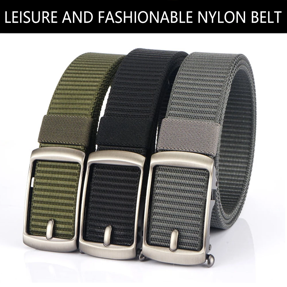 TUSHI New Men's Belt Automatic Metal Buckle Nylon Webbing Outdoor Work Belt Toothless Automatic Buckle Casual Sports Canvas Belt