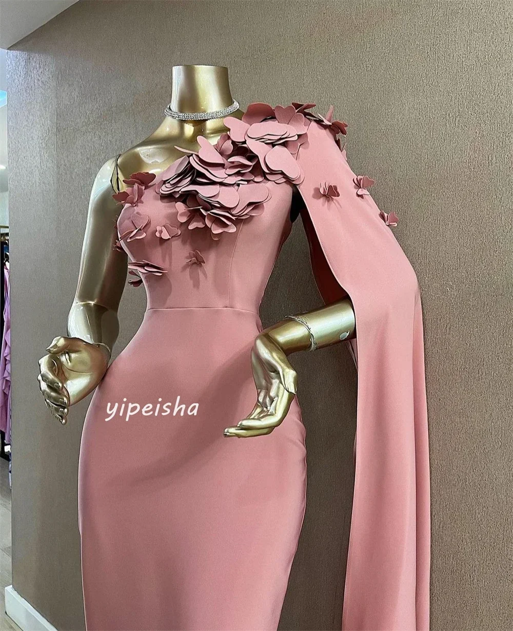 Abito da ballo personalizzato Jersey Fiore increspato da sera A-line Abito monospalla Abiti lunghi Abiti squisiti di alta qualità per le donne