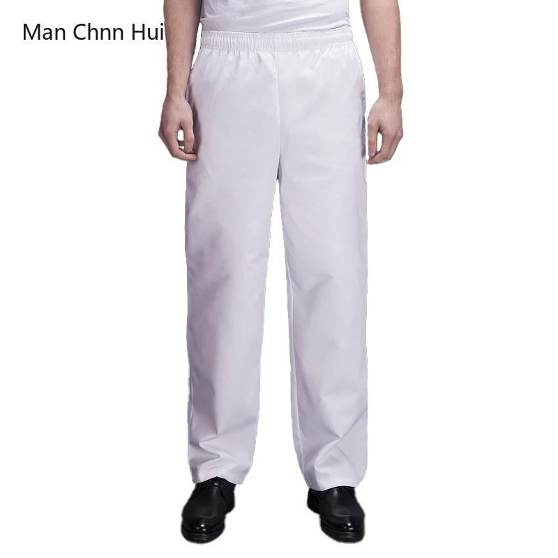 White Chef Pant for Men Elastic Waist Bottoms Restaurant Cooking Trousers Elastic Bakery Cafe Catering Kitchen Workwear Pants