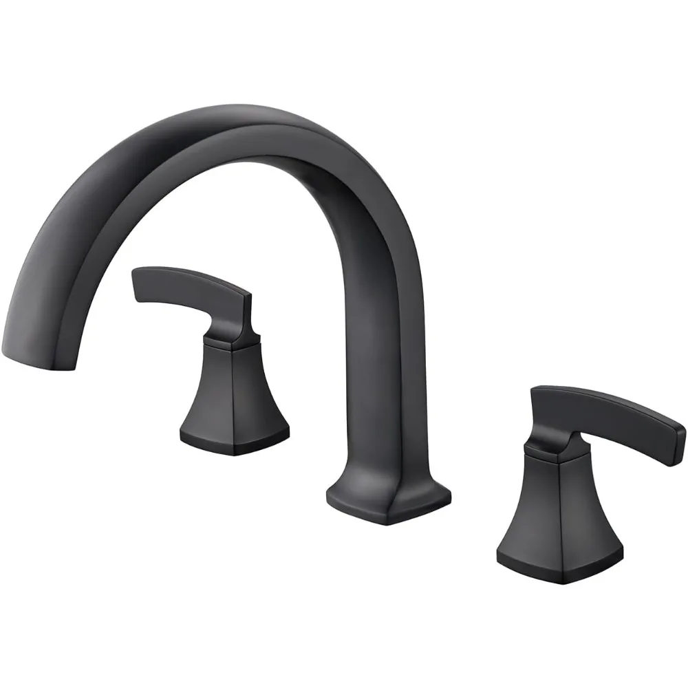 Black Deck-Mounted 3-Hole Waterfall Tub Filler with Brass Handles for Roman Tub Bathroom Faucets