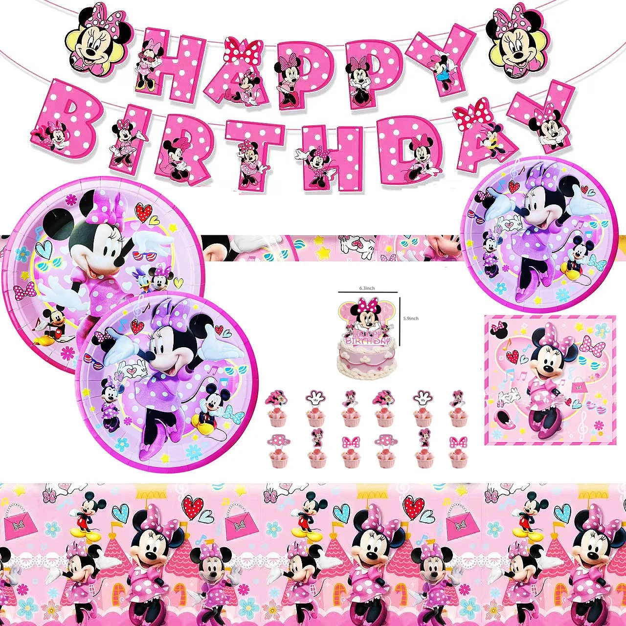 Minnie children's birthday party decorations Tablecloth Paper towels knife fork spoon Cake large insert row paper plate cutlery