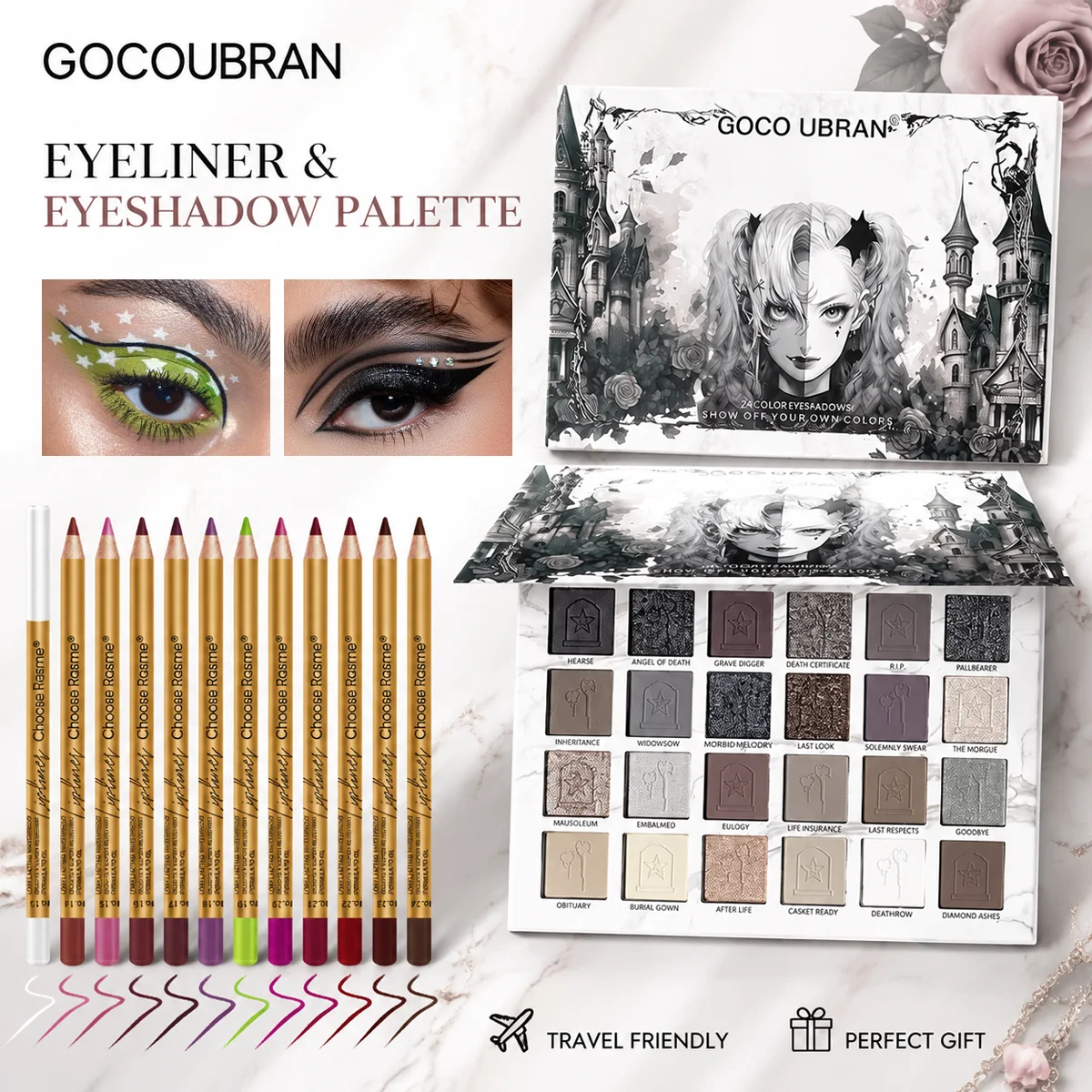 24 Colors Gothic Eyeshadow Palette with 12Pcs Colored Eyeliner Pencils, Dark Cool Tone Matte Shimmer Gray Black Smoky Eye Shadow Makeup Kit, Long Lasting Waterproof Color Eyeliner Set, Halloween Goth Makeup Gift Set for Women