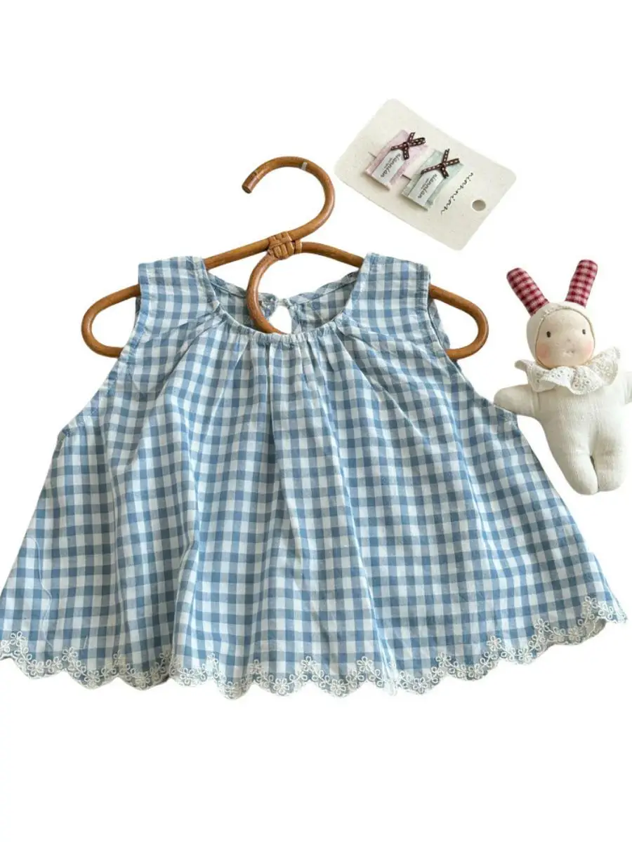 女の子用サマープレイドベースTシャツ、スウィートフレキシブル韓国デザイン子供服、2025年新作、ノーブランド