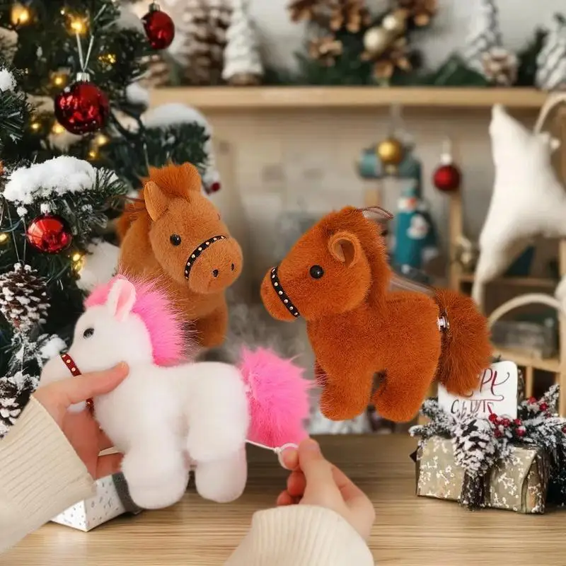 Cute Fluffy 12cm Pull Rope Wag Tail Horse Plush Toy Keychain Cartoon Soft Stuffed Doll Pendant Car Key Backpack Bag Accessories
