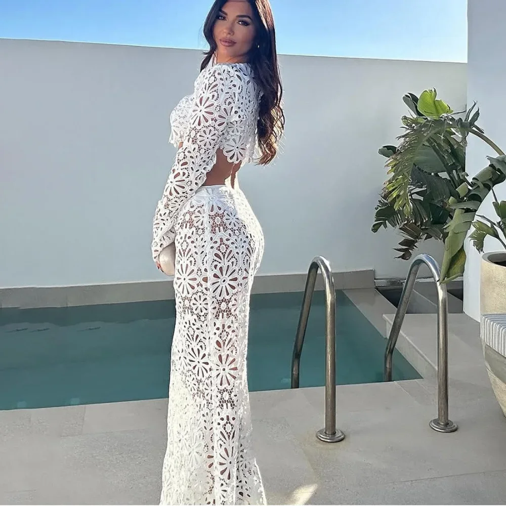 Women Solid Summer Floral Hollow Out Holiday Beach 2 Piece Set See Through O-neck Long Sleeve Crop Tops + Long Skirts Cover Ups