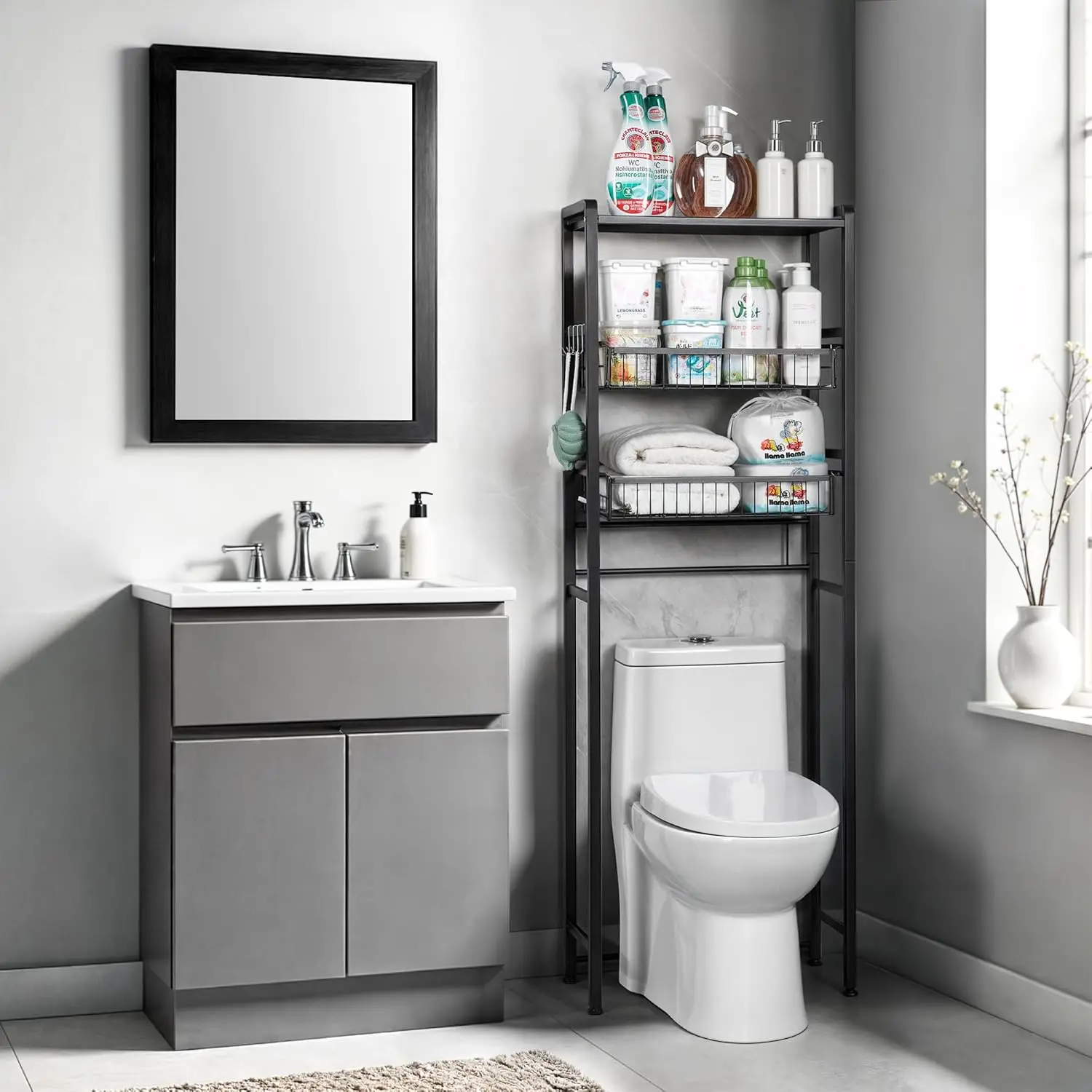 

Over-the-Toilet Storage Organizer, 3-Tier Bathroom Shelf Cabinet with Sliding Drawers & Hooks, Sturdy Carbon Steel, Wall-Suct