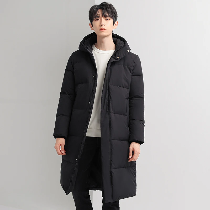 Winter New Men'S Fashion Versatile Long Knee Down Jacket Coat Youth Trend Loose Casual Hooded Thickened Warm Windproof Coat Male