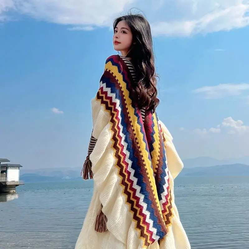 Women Ethnic Style Knitted Cardigan Cape Poncho Wrap Retro Tassel Shawl Stole Cloak Travel Warm Shawls And Wraps Pashmina