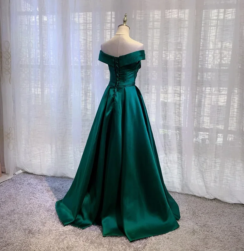 Customized Elegant Long Satin Evening Dresses Off The Shoulder Prom Dress Women Slim Waist Green Formal Gowns Wedding Maxi Dress