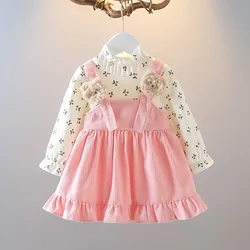 Girls Dress Spring and Autumn 2024 New Children's Long Sleeve Children's Clothing Cute Cherry Bear Suspender Dress