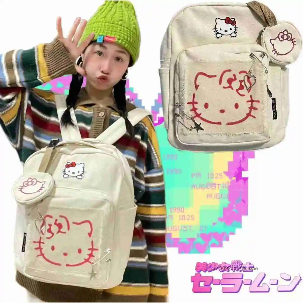 Sanrio Hello Kitty Y2k Sweet Girl Backpack Cute Sticker Casual College Style Shoulders Bag New Versatile Large Capacity Backpack