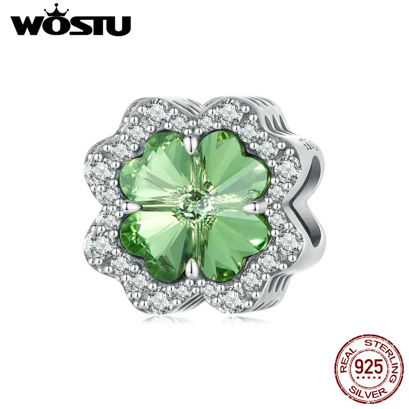 

WOSTU 925 Sterling Silver Lucky Four-leaf Clover Charm Shiny Zircon Beads for Women Girls Bracelet Necklace DIY Fine Jewelry