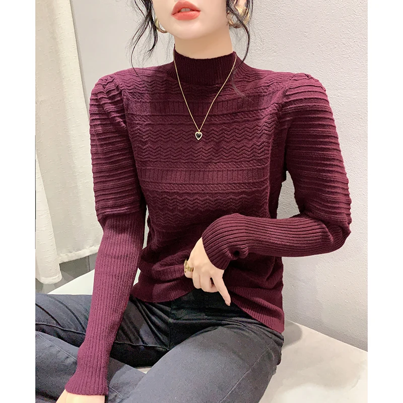 2024 New Fall Winter European Clothes Knitted Sweater Sexy Mock Neck Solid Tops Long Sleeve Women Casual Bottoming Shirt 312041