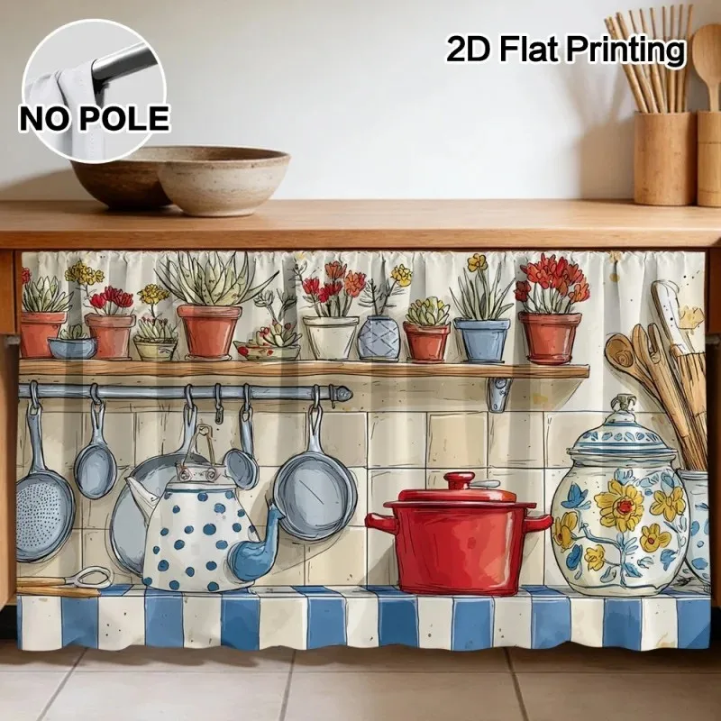 VIKAMA Hand-Painted Style Kitchenware Pattern Curtain, Poleless Cabinet Dust-Proof And Ugly-Blocking Curtain, Home Decoration