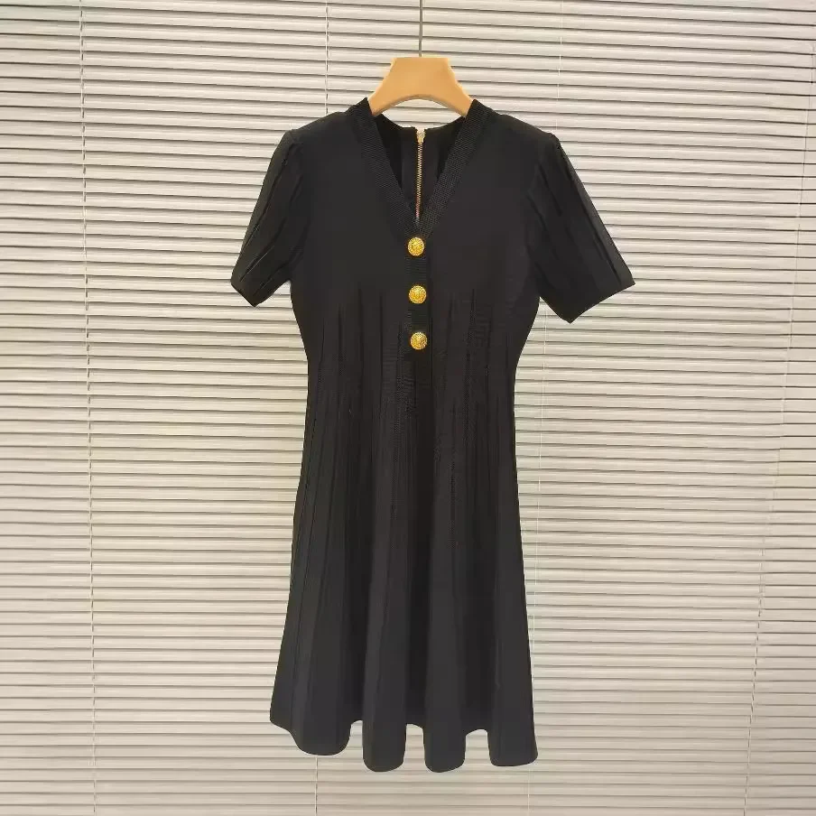 

Women's new knitted slim dress V-neck short sleeves button decoration elegant mini dress