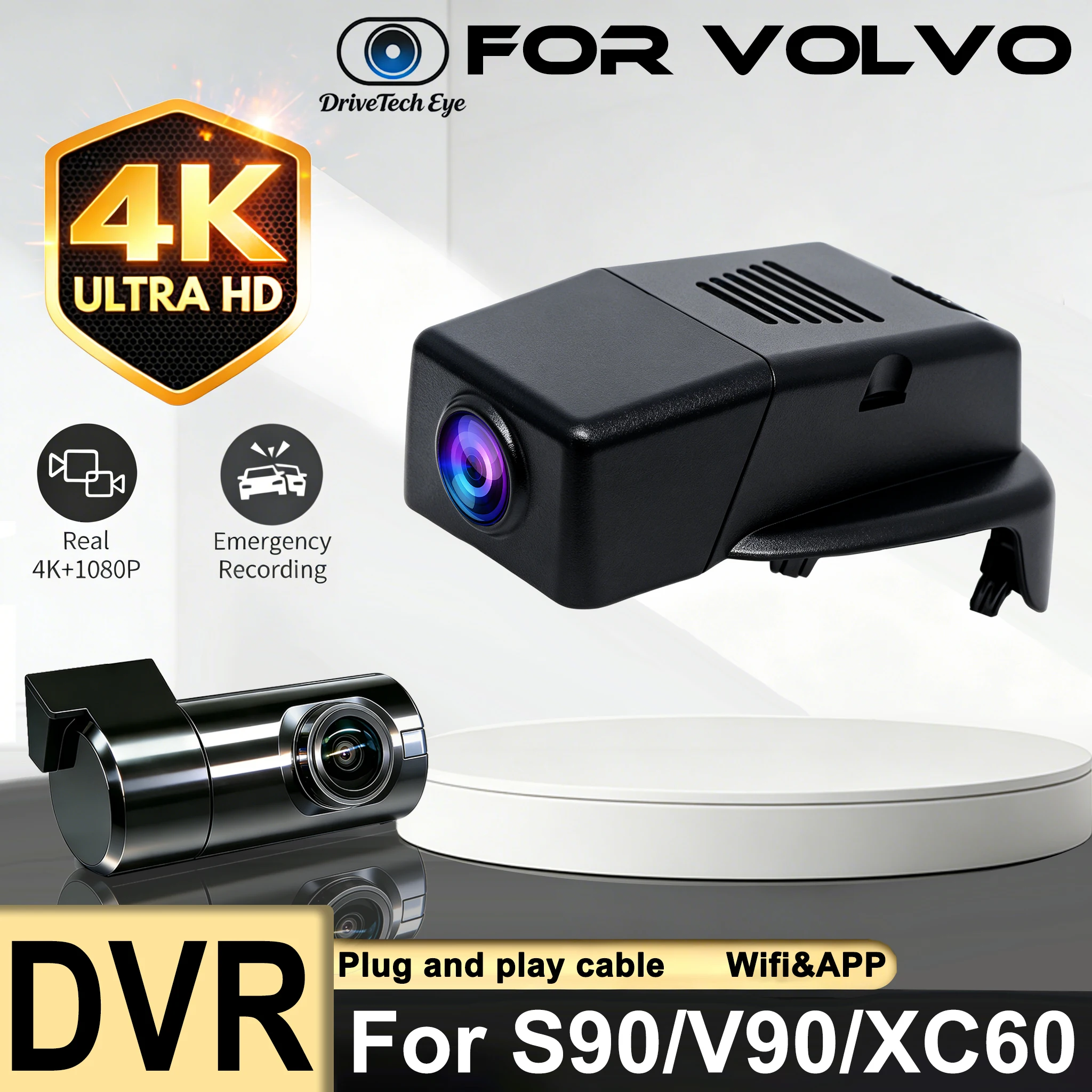 Dash Cam 4K for VOLVO XC60 S90 V90 2018~2021,Plug and Play Car DVR Dashcam Camera Video Recorder WiFi APP Monitor Dashcam