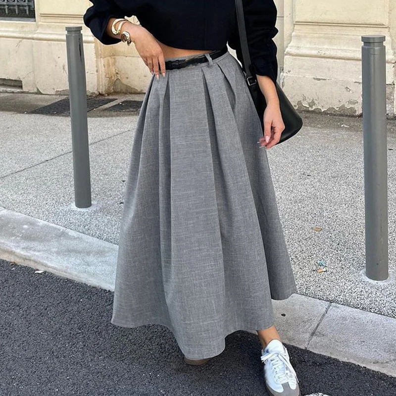 Eleganckie szare luźne spódnice dla kobiet Casual plisowane spódnice z wysokim stanem moda nowe solidne spódnice do kostek Streetwear