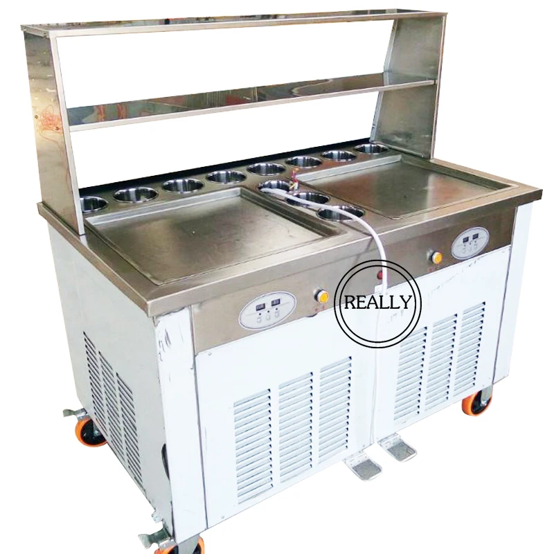 

2 Square Pans Thailand Electric Fruit Fried Ice Cream Roll Machine Frying Ice Cream Cold Ice Pan