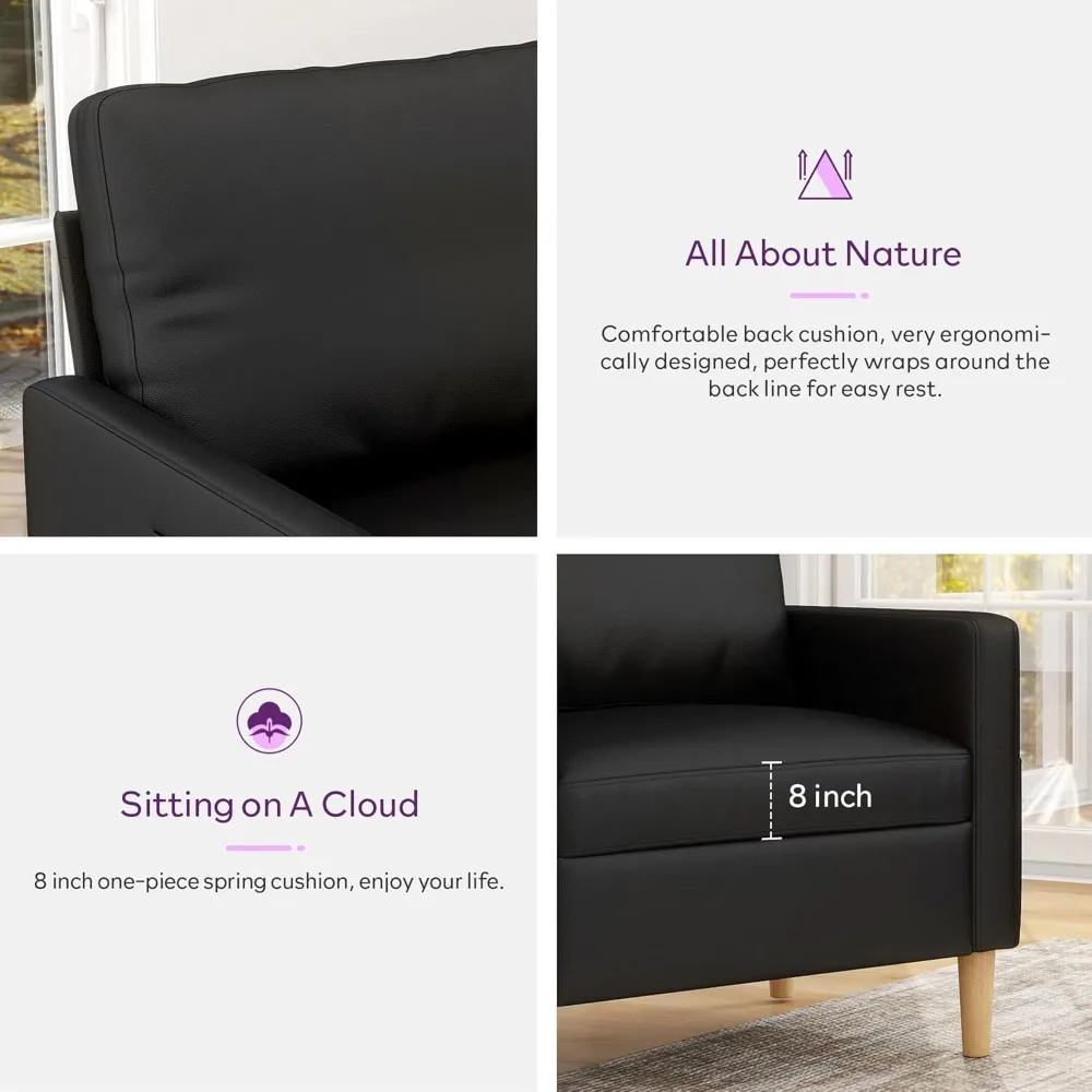 أرائك أريكة من الجلد الصناعي باللون الأسود مقاس 66 بوصة مع USB، طقم غرفة معيشة مكون من قطعتين، مقعد معنقدة حديث من منتصف القرن بمقعدين للمكتب الصغير #6