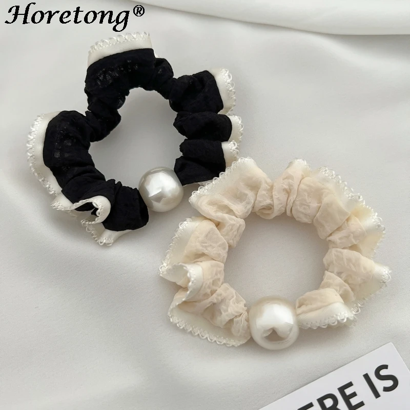 Horetong Pearl Elastic Hair Bands Simple Lace Vintage Hair Rope Ties Scrunchie Color Block Headwear Girls Women Hair Accessories