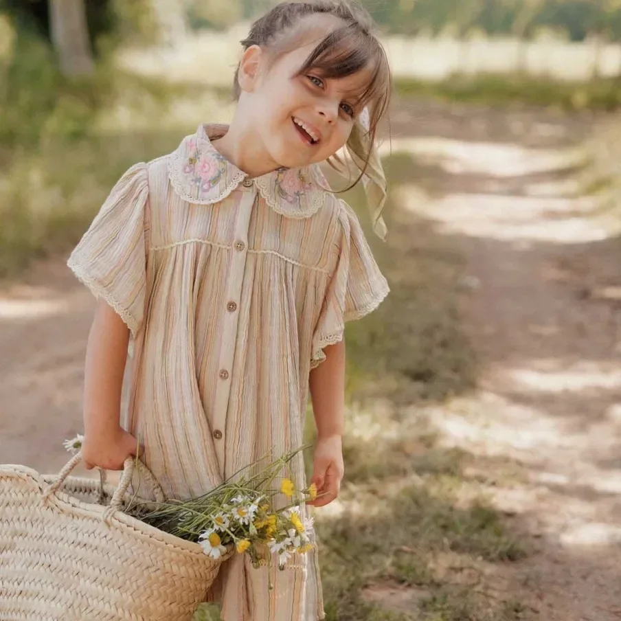 In stock! Children's Dress 2024 Summer Girls Louise Misha Summer Vacation Floral Flip Collar Lace Edge Dress