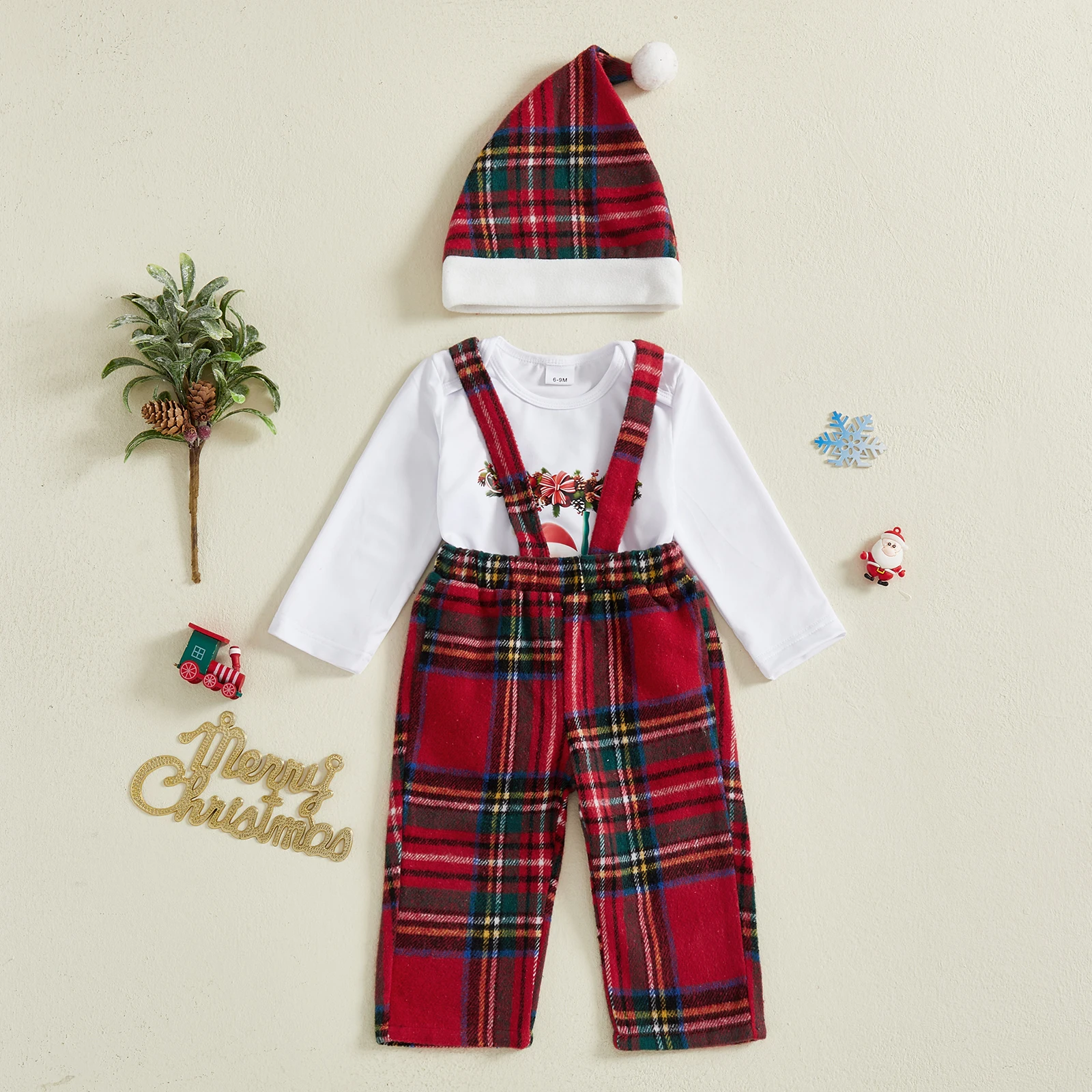 2026 السنة الجديدة عيد الميلاد بيبي بوي فتاة زي عيد الميلاد سانتا طويلة الأكمام رومبير منقوشة الحمالات السراويل وقبعة 3 قطعة مجموعة