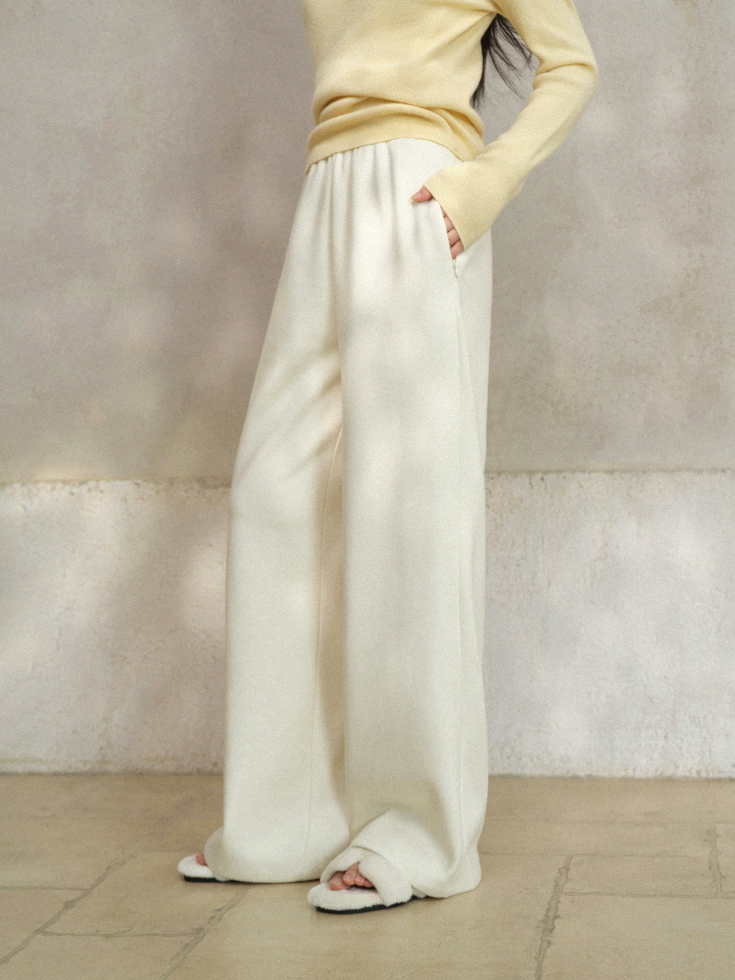 Elastic Waist Straight Pants for Women Lady Loose Wide-Leg Long Trousers Petite Friendly Relaxed Fit Casual Daily Outfit Style