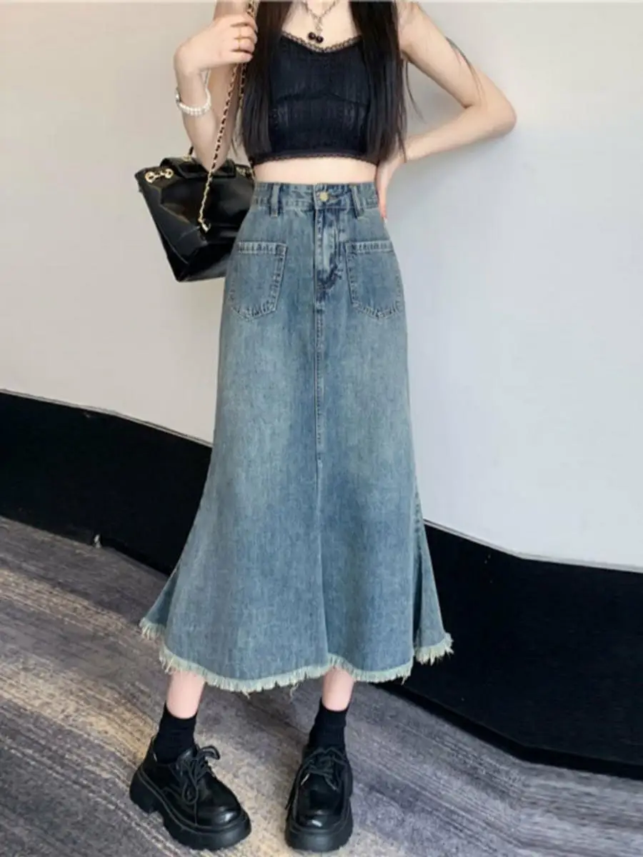 High Waist A-Line Denim Fish Tail Skirt Women's Design Sensation Half Body Skirt Vintage Wrap around mid Length Skirt