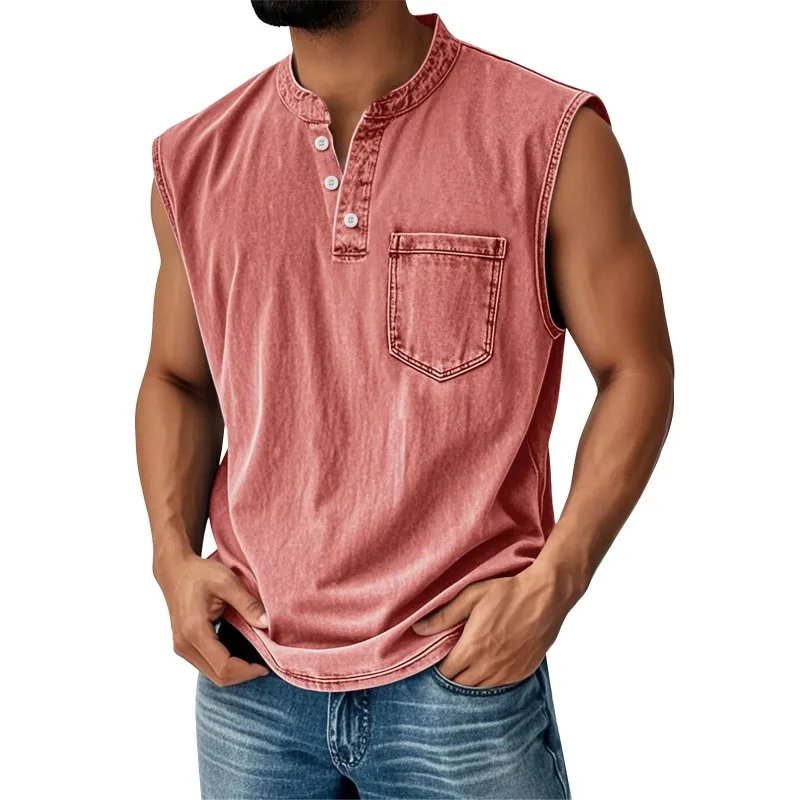 Vintage Distressed Washed Sleeveless Vest for Men Henley Collar Button-Down Vest Simple Solid Color Versatile Casual Top