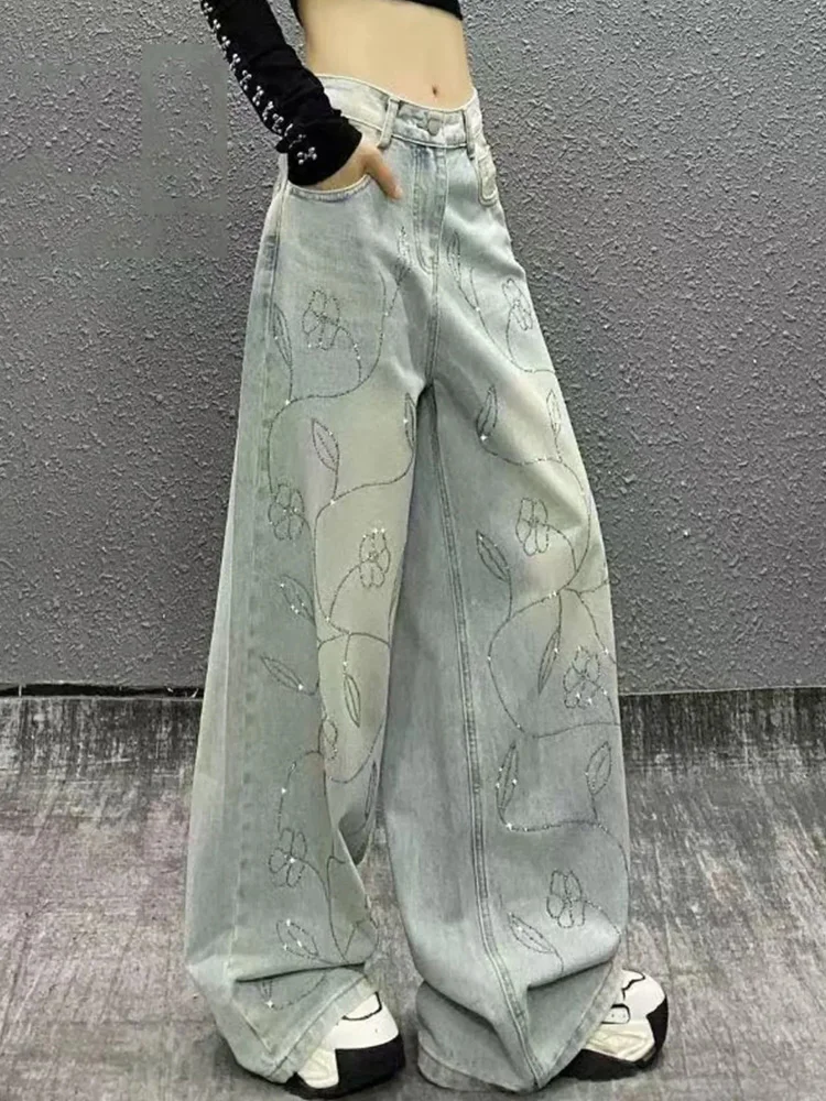 

Винтажные джинсы с цветочным принтом, женские весенние повседневные свободные джинсовые брюки с высокой талией, женские брюки с карманами в американском стиле ретро, новинка