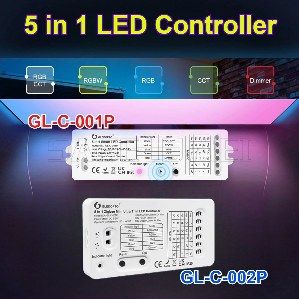 Zigbee3.0 Smart 5 in1  LED Strip Controller GL-C-001P/002P GLEDOPTO DC5-24V Works with Zigbee3.0 and various gateways Smart Tuya