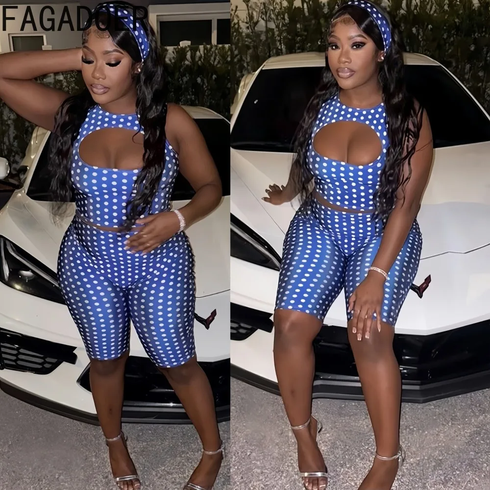 

FAGADOER Сексуальный комплект из двух предметов с принтом в горошек и элементами пэчворка: женский укороченный топ без рукавов с вырезами и шорты, новая женская уличная одежда