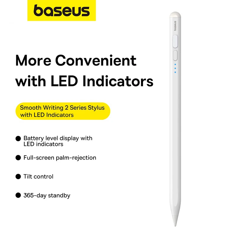 

Baseus Smooth Writing 2 Series Stylus with LED Indicators, Moon White (Active/Passive version with type-C cable, active pen tip