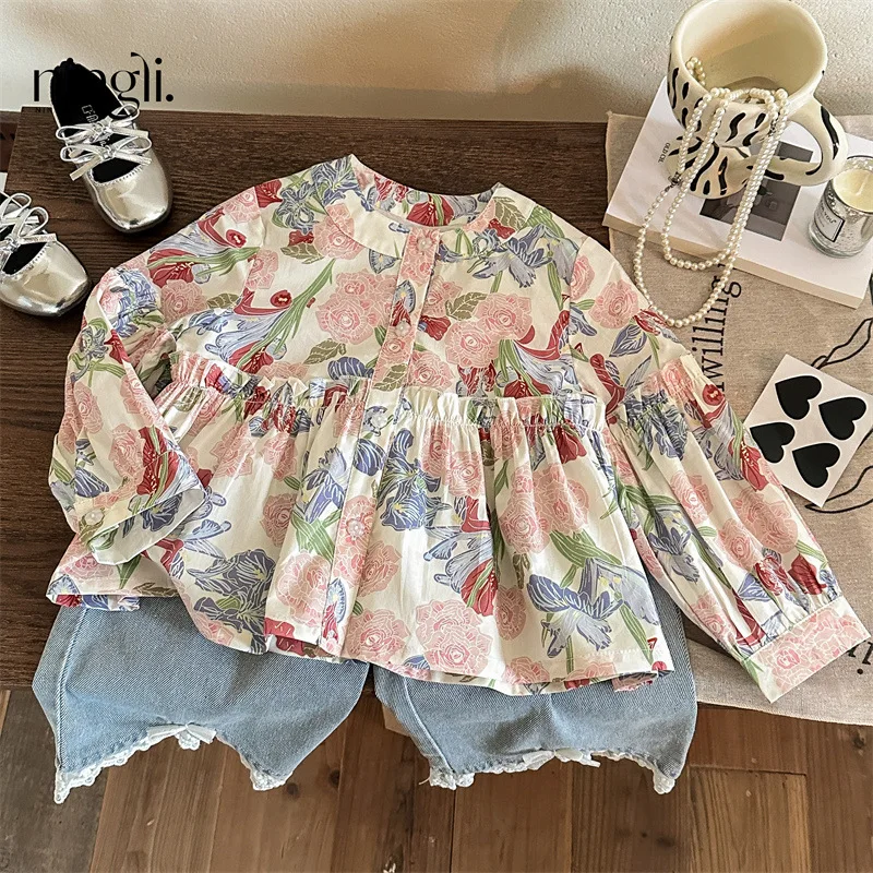 Children's Spring Clothes Girls Floral Shirt New Children's Foreign Style Long-sleeved Top Women's Treasure Doll Shirt Jeans