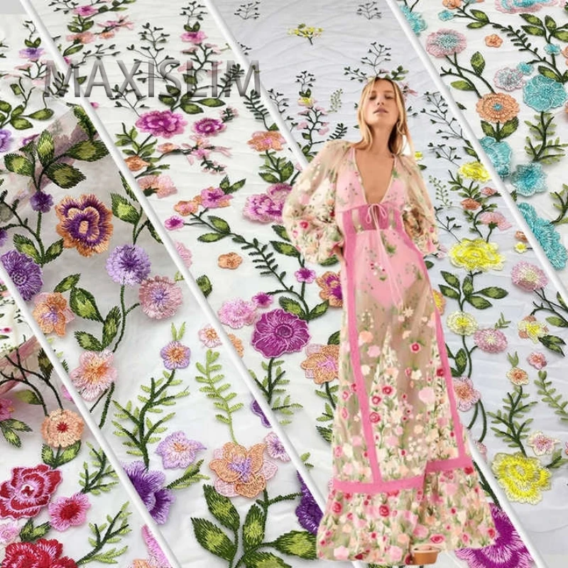 

Fashion Mesh Embroidery Fabric Single-sided Rose Peony Flower Multicolor Embroidery Fabric Formal Dress Lace Fabric Width 125CM