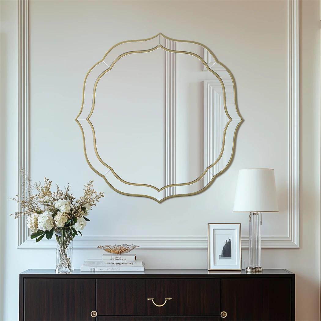 Large Wall Mirror Modern Decorative Mirror Flower Shaped Accent Mirror Beveled Golden Rim for Hallway Living Room Bedroom