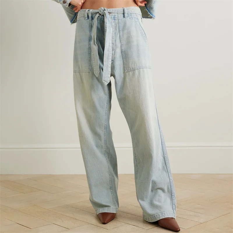 

Women's pants 2024 Summer New Retro Washed Low Waist Women's Jeans Pure cotton denim wide leg pants Belt decoration baggy jeans