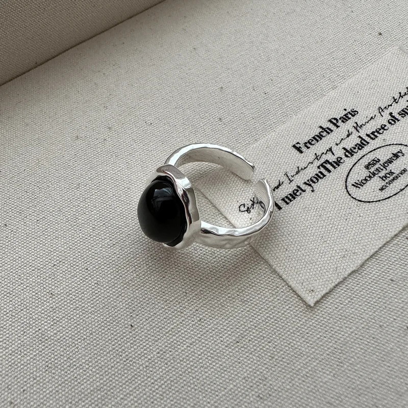 

S925 Sterling Silver INS Personality Ring Korean Version with Black Agate Texture Free Logo for Wedding Engagement or Party