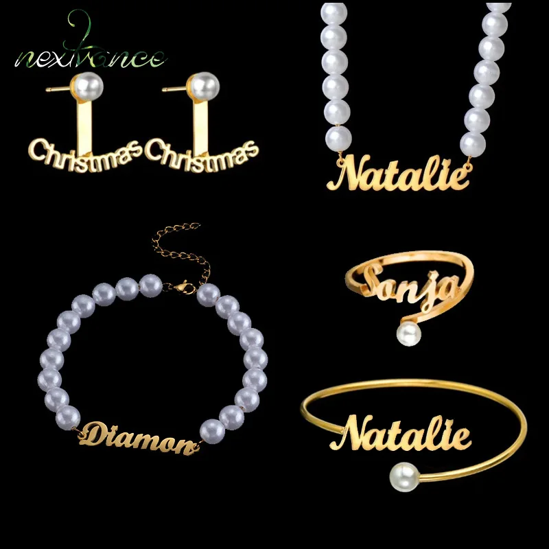 

Nextvance Custom Name Pearl Chain Necklace Bracelet Bangle Ring Earrings Jewelry Set Stainless Steel Nameplate For Women Gifts