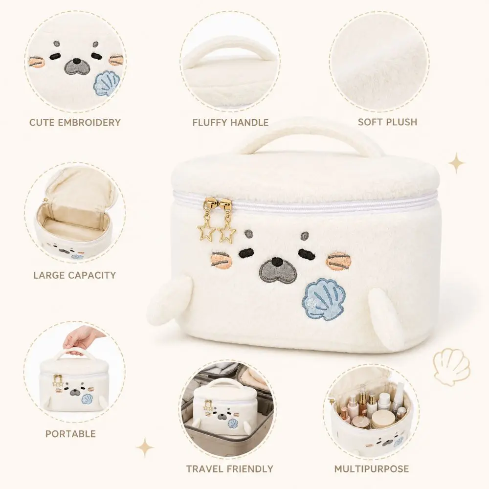 Fluffy Little Seal Makeup Bag Large Capacity Embroidery Pattern Cosmetic Bag Portable Handheld Travel Toiletry Bag Multipurpose
