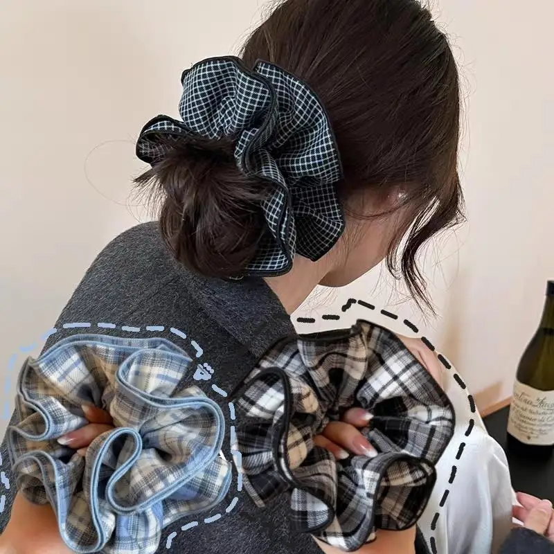 

Multilayer Cloth Checkered High-quality Large Intestine Hair Ring Blue Retro Plaid Ruffled Hairband Large Scrunchie Headwear