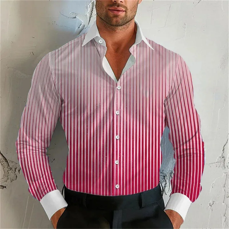

2026 Striped Gradient Men's Shirt Lapel Long Sleeve Shirt Extra Large Size S-5XL Design Comfortable Soft Men's High Quality