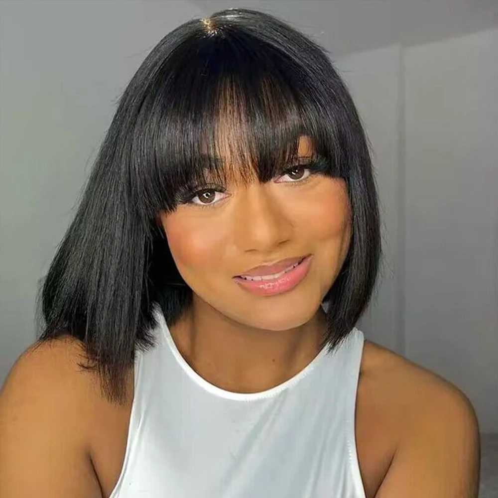 Realistic Look Fake Scalp Wigs Short Straight Bob Wigs With Bangs 100% Brazilian Virgin Human Hair for Black Women