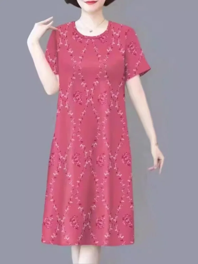 

Ele Ice Silk ort Sve Print Dr для женщин среднего возраста Faionable Mommy Sle Loose ket Square