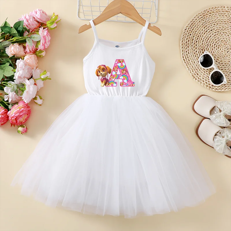

Платье на бретельках для девочек «Щенячий патруль» с пышной юбкой, милым аниме-принтом букв A-Z, летнее платье Скай, сетчатая белая юбка-принцесса, подарок на день рождения