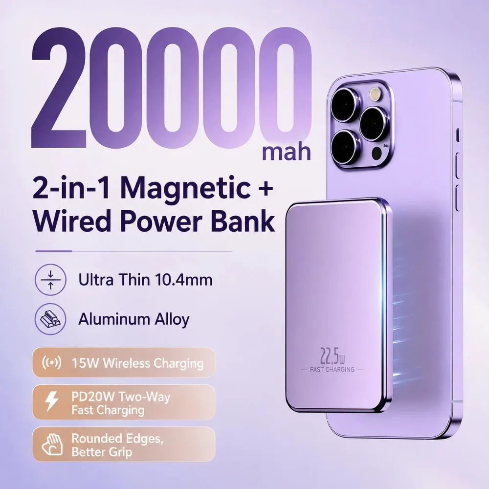 20000mAh 2026 New Ultra Thin SlimFast Charging Power bank Portable Battery Charger for IPhone Xiaomi Samsung for Magsafe