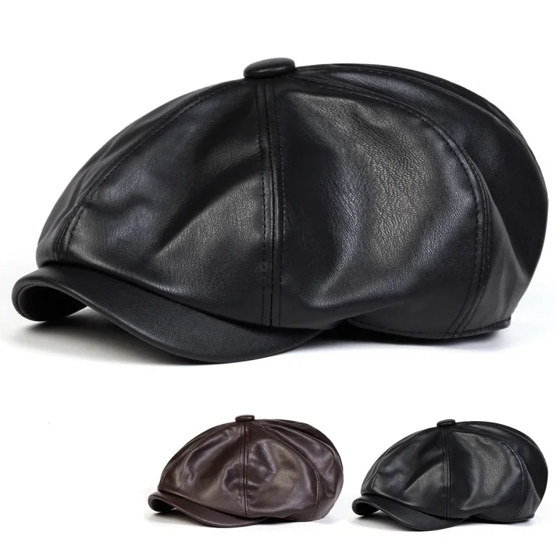 Vintage PU Leather Newsboy Cap for Men, Retro Beret Flat Ivy Hat, Classic Octagonal Gatsby Cap for Autumn Winter Daily Wear