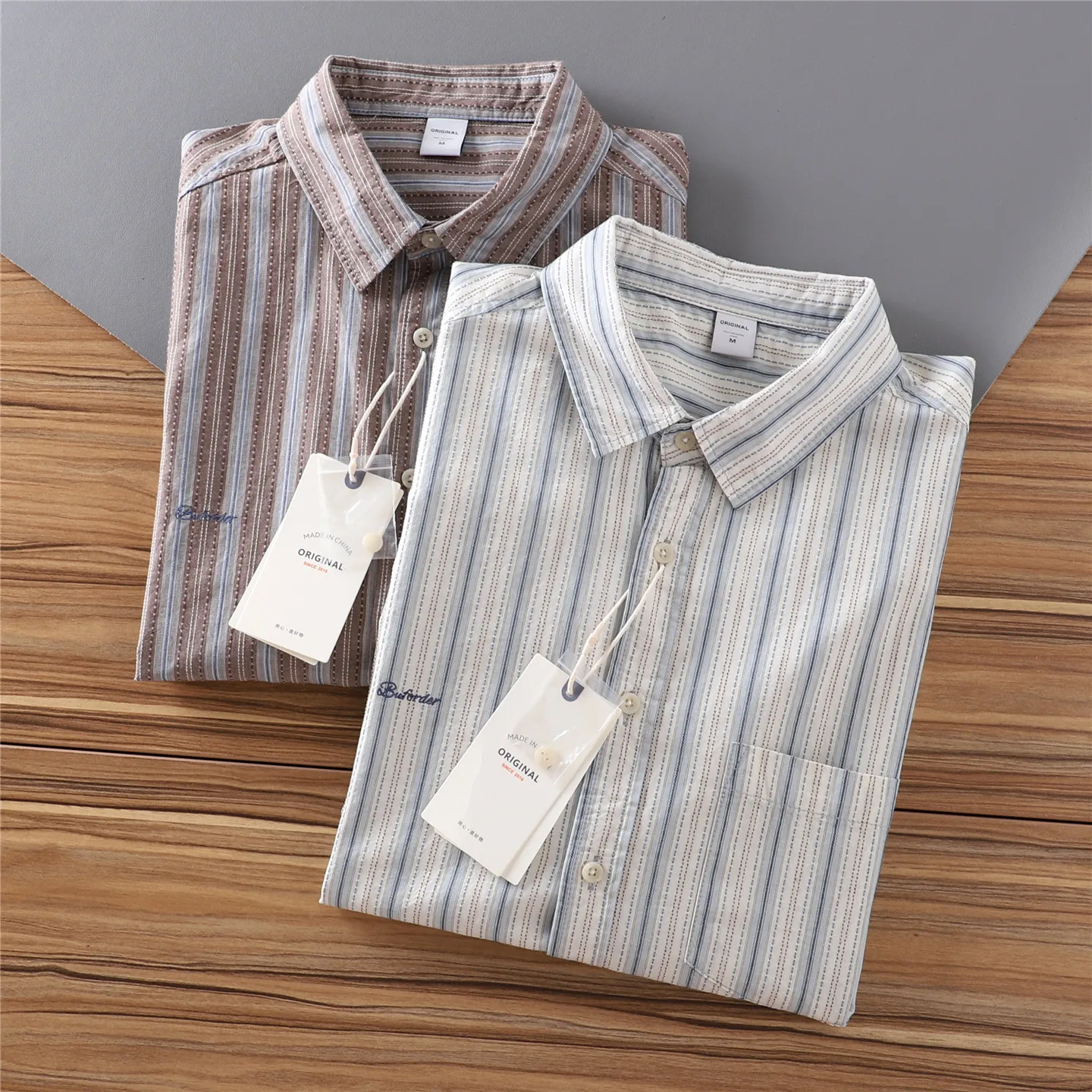 

2025 Summer New Japanese Retro Short Sleeve Lapel Striped Embroidery Shirt Men's Simple 100% Cotton Washed Casual Youth Blouses