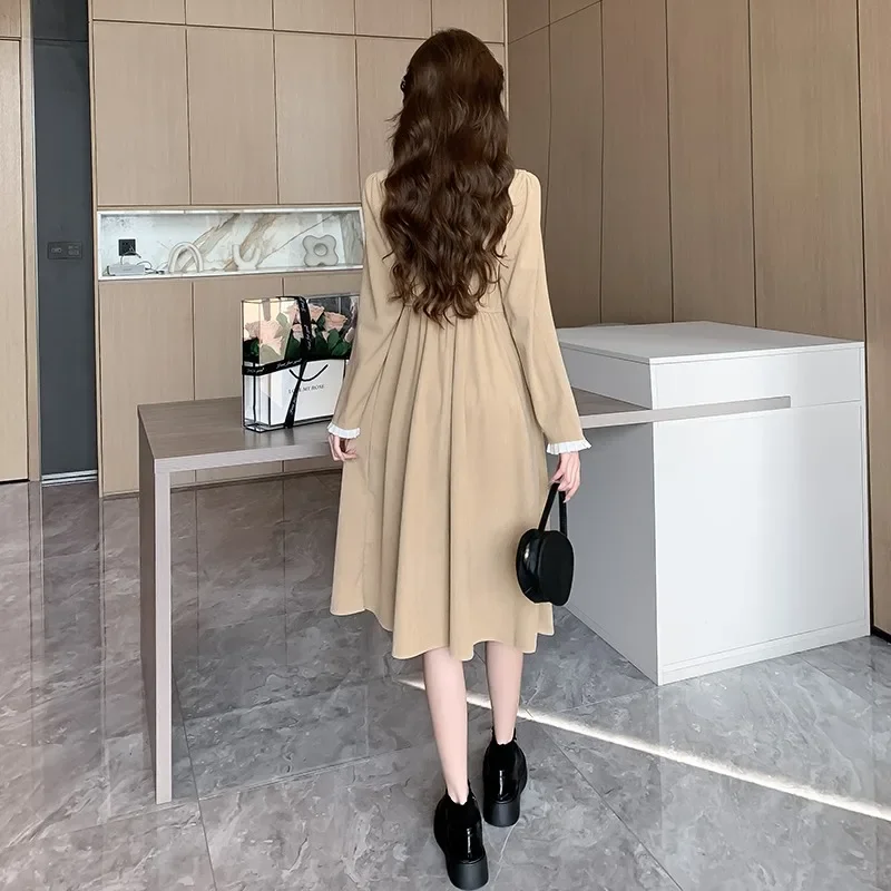 Autumn and Winter New French Dresses Women Bow Lace-up O-neck Long Sleeve Single Breasted Office Lady Mid-length Dress Female