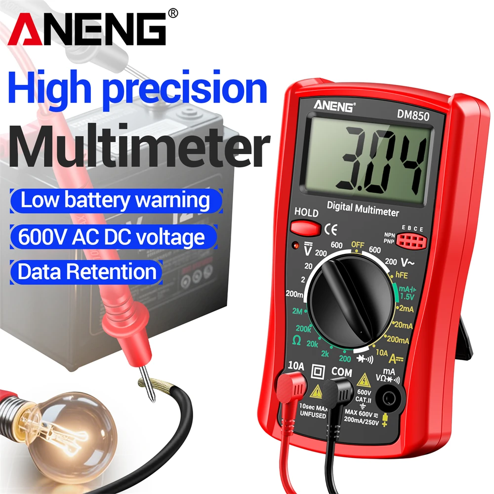Multimètre numérique ANENG DM850, testeur de tension AC/DC, de courant DC, de résistance, test de diode et de triode, test de continuité, buzzer, maintien des données, multimètre portable, 1999 comptes